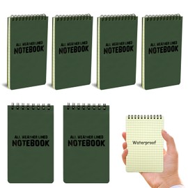 RETON 6 Pack Waterproof Notebook, 3 x 5 Inches Waterproof Pocket Notepad, All-Weather Top Spiral Memo Steno Pads with Grid, Write in the Rain Notebook for Outdoor Activity Recording (Army Green)