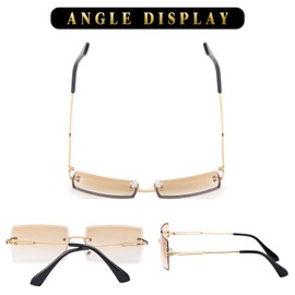 Stylish Small Rectangle Sunglasses Women Men Tinted Frameless Eyewear Ultralight Candy Color Ocean Sun Glasses Shades NP1034, Gold Frame/Double Brown Lens, Medium