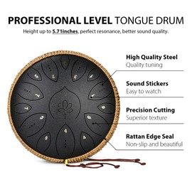 Steel Tongue Drum 13 Inches 15 Notes, Hand Pan Drums for Adults 432hz, C Major Handpan Musical Instrument with Song Book, Mallets and Carry Bag, Black
