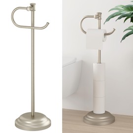 Hoimpro 25" Toilet Paper Holder Free Standing, Floor Bathroom Toilet Paper Tissue Roll Holder with Shelf Storage Stand for 4 Rolls, Freestanding Handle Hardware Accessories Rack Brushed Nickel