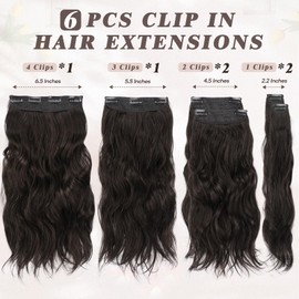 BARSDAR Clip-In Hair Extensions, Brown, 40 cm, Wavy Clip-In Hair Extensions for Women, 6 Pieces, Thick, Natural, Soft, Synthetic Clip-In Extensions, Dark Brown