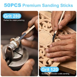 50PCS Premium Sanding Sticks, Double End Matchsticks Sanding Twigs of 120/280 Grit, Fine Detailing Polishing Sticks for Plastic Models/Wood/Metal/Small Area/Hole Sanding, 5.4 x 0.2 Inch