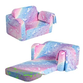 MeMoreCool Kids Couch Fold Out, Flip Out Sofa Chair with Blanket, Foldable Toddler Couch for Girls Boys, Children Convertible Sofa to Lounger Pull Out Couch for Playroom, Glowing Rainbow