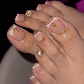 French Tip Press on Toenails Rhinestone Stick on Toenail Short Square Fake Toenails Cross Star False Toenail Nude Glue on Toenails Glossy Artificial Full Cover Acrylic for Women