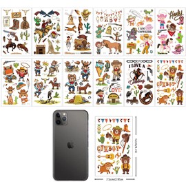 Western Cowboy Temporary Tattoos,12 Sheets Wild West Cowboy&Cowgirl Cactus Horse Cow Waterproof Fake Tattoo Stickers for Kids Boys Girls Birthday Gifts Party Favor Supplies