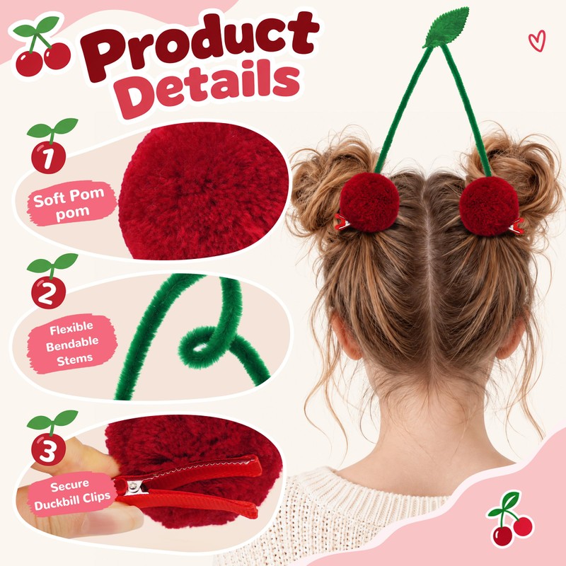 4PCS Cherry Hair Clips Pom Pom Cherry Bun Accessories