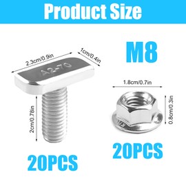 Pack of 20 Hammer Head Screws M8 x 20 mm A2-70 Greenhouse Screws Stainless Steel with Flange Nuts Corrosion Resistant and Weatherproof Perfect for PV Solar Mounting Rails, Greenhouses and Aluminium