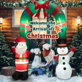 Tangkula 8 FT Christmas Inflatable Archway w/Santa Claus & Snowman, Giant Blow up Xmas Arch w/LED Lights, Self Inflating Lighted Christmas Decoration, Indoor Outdoor Family Prop Decoration