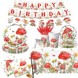 142Pcs Mushroom Birthday Decorations Forest Birthday Decorations with Plates Napkins Cups Tablecloth and Banner Fairy Tale Party Decorations Mushroom Party Supplies Cottagecore Party Decor