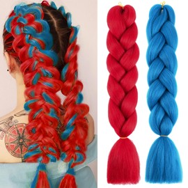 BASEMMAHER Colored Jumbo Braiding Hair Extensions 24 Inch Ombre Jumbo Braiding Wigs Hair High Temperature Synthetic Braids Hair Extension for Women Cosplay Festival Party 2Colors (Red Blue)