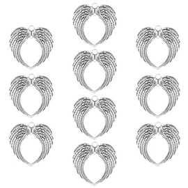 SUPERFINDINGS 10Pcs Memorial Hanging Ornaments Angel Wings Charms Heart Shaped Feather Charms Alloy Antique Silver Pendants for Home Decor Gifts
