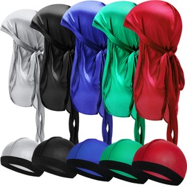 10 Pieces Kids Satin Silk Durag with Wave Caps Set Unisex Baby Durags 360 Wave Wide Strap Headwraps Long Tail Turban Beanies (Silver, Black, Royal Blue, Red, Green)