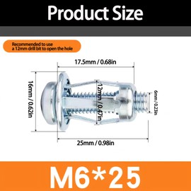 FENGCHUANG Cavity Dowels Metal Set M6 x 25, Pack of 25 Cavity Dowels Metal Galvanised Cavity Wall Dowels M6 x 25 Expansion Nuts for Fixings Cavity Walls, Plasterboard and Iron Sheet