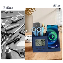 TopMade Wireless Charger with Pen Holder, PU Leather Desk Nightstand Organizer Fast Charging Station, Home Office Supplies Pencil Holder, Digital Thermometer and Humidity Gauge, Gifts for Men(Blue)