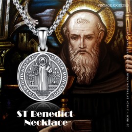 PARYFO St Benedict Necklace 925 Sterling Silver Saint Benedict Locket Pendant Necklace Religious Protector Necklace Retro Amulet St Benedict Picture Locket Medal for Men Christian Jewellery Men Women