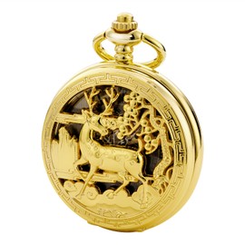 TREEWETO Vintage Pocket Watch Mechanical Double Cover Hollow Case Skeleton Steampunk Deer Case Men Women, Golden