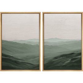 SIGNWIN Framed Canvas Print Wall Art Set Watercolor Green Mountain Valley View Nature Wilderness Illustrations Fine Art Farmhouse/Country Minimal for Living Room, Bedroom, Office - 24"x36"x2 Natural