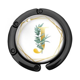 KANGYUSO Gold Initial Foldable Purse Hook Gifts, Eucalyptus Letter Handbag Hanger, Women's Bag Hanger Holder, Round Purse Table Hook, Funny Desk Decor Gifts for Women Coworker Friend (Eucalyptus J)