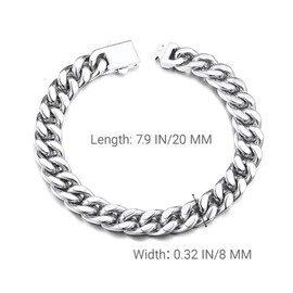 Mens Silver Colored Bracelet for Men，Stainless Steel Cuban Link Bracelet, 8mm Width 7.9" Length Polished Silver Chain Link Bracelet with Secure Clasp, Gift Box Included, Stylish & Durable Jewelry