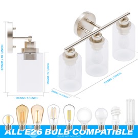 ZAGO 3 Lights Bathroom Vanity Light Fixtures, Brushed Nickel with Clear Glass, 120V, Modern Farmhouse Wall Mounted Sconces for Living Room, Kitchen, Hallway, Porch, E26 Base (Bulbs Excluded), ETL