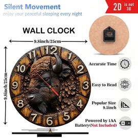 Lancholy Wooden Bison Clock Wall Decor Rustic Style 10-Inch Wooden Wall Clock, Silent Movement, Battery Operated (AA Batteries Not Included), Artistic Home Decor, Perfect for Home Accents