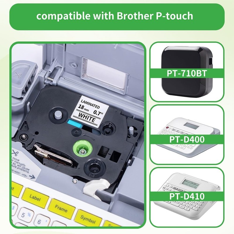 Laminated Label Tape Compatible with Brother, Black on White, Pack