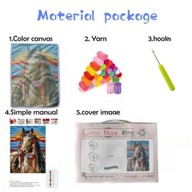 Indian Horse Latch Hook Rug Kit for Adults Easy Carpet Cushion with Printed Canvas Crochet Yarn Craft DIY Hooking Tapestry for Home Floor Decoration Pets Pads 52x38cm(1)