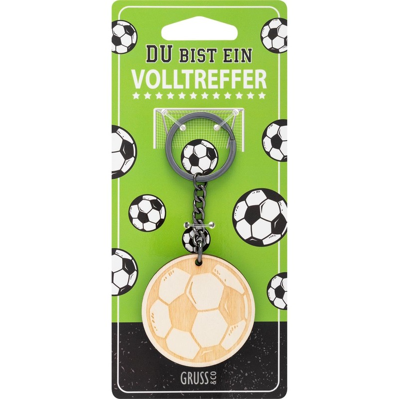 GRUSS & CO Football Keyring with Engraved Wooden Pendant, multicoloured,