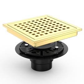 Iriber 6 Inch Square Shower Floor Drain with PVC Shower Drain Base, SUS 304 Stainless Steel, Quadrato Pattern Grate Removable, Brushed Gold