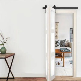 40\" Bi-Folding Barn Door Hardware Kit Smooth & Quietly Sliding J Shape Roller [Black Track] [Doors Not Included]Color: as picture Color