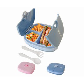BUBBLOO Bento Box for Kids with Silverware - 3 Compartment Ideal Portion Sizes - BPA Free Removable Plastic Tray - Leak Proof Kids Lunch Box, Blue