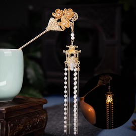 Lantern Long Tassels Hairpin Hair Stick, Retro Chinese Palace Pavilion Shape Coiled Hair Alloy Flower Chopsticks Hair Accessories