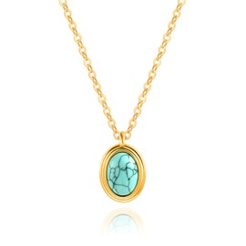Aobei Pearl Oval Turquoise Pendant Necklace for Women 18k Gold Chain Choker Bohemian Gemstone Charm Layering Jewelry 18’’