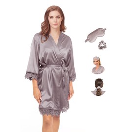 Y WJing Yi Jia Womens Kimono Robes Dressing Gown Bridal Robe Silk Robes Satin Bathrobe Nightdress Short Style Morning Robes Lace Trim Robes Size: One Size