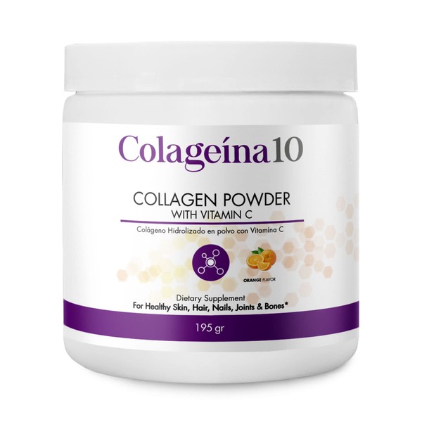 Colageina 10 Hydrolyzed Collagen Powder with Vitamin C - Anti-Aging Dietary Supplement for Healthy Skin, Hair, Nails, Joints, and Bones - 6.9 oz (195 gr)
