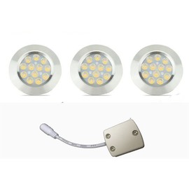 Getwefire Dimmable 3pcs recessed installtion 3w DC 12v led Puck Light /Under Cabinet Lights. led Spotlight,with 1pcs led Power Connector (Lens Cover Type) (Warm White, White Shell)