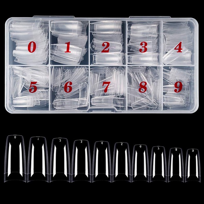 500PCS Clear Acrylic Coffin Fake Nails, 10 Sizes Professional French Style Artificial Half Cover False Nail Art Tips Manicure Tip with Sturdy Case for Nail Salon and DIY Nail Art