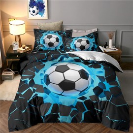 Tabeskly Kids Boys Black White Blue Football Soft Zipper Bed Bedding Duvet Cover Set Single 135×200cm