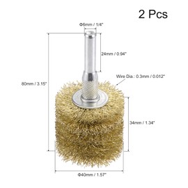 sourcing map Wire Wheel Brush, 1.57" x 1.34" Stainless Steel Brass Plated Coarse Crimped Wire 0.012" with 1/4" (6mm) Round Shank for Cleaning Rust Stripping Abrasive 2pcs