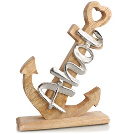 com-four® Decorative Stand Anchor - Decorative Ship Anchor Made of Wood and Metal - Maritime Anchor with Lettering AHOI for Standing and Decorating (Brown/Silver Anchor AHOI - 1 Piece)