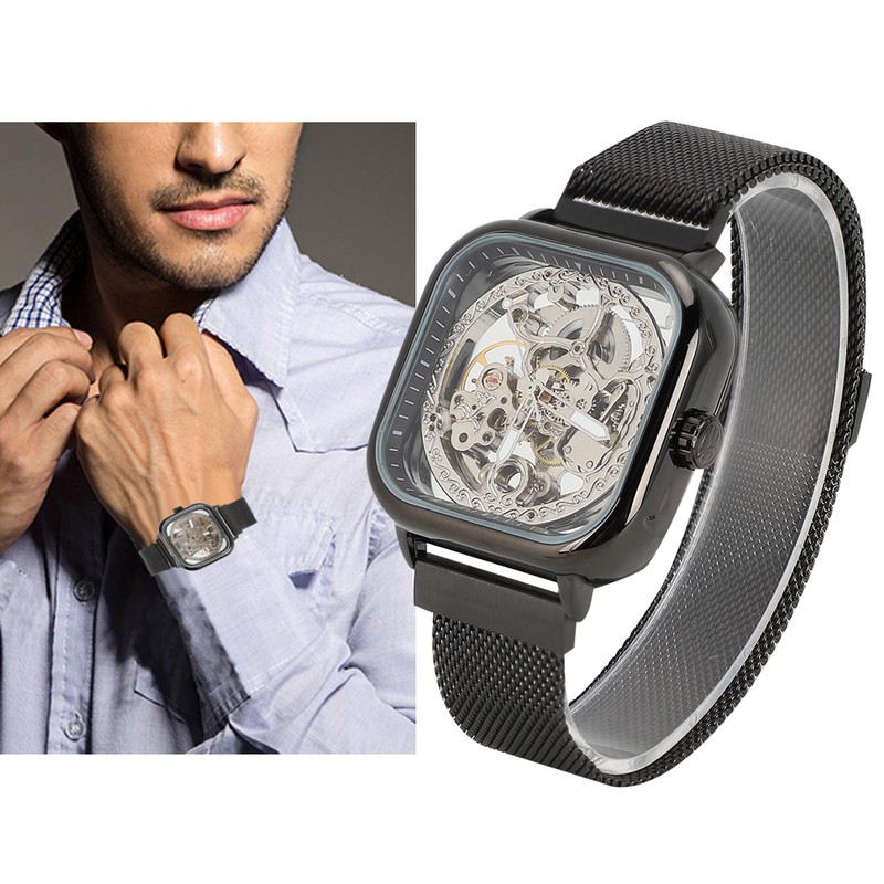 FORSINING Stainless Steel Strap Waterproof Hollow Automatic Mechanical Men WatchBlack