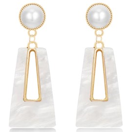 Hanavigar Vintage Geometry Hollow Gold Pearl Acrylic Lightweight Dangle Drop Earrings Bohemian Retro Black Trapezoid Stud Earrings For Women Jewelry Gifts (White)