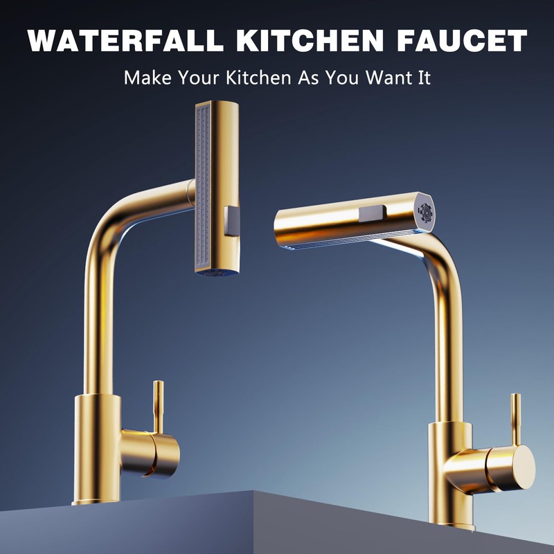 GIMILI Brushed Gold Kitchen Faucet with Pull Down Sprayer, Waterfall