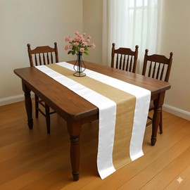 Premium Jute Fabric + Satin Fabric Table Runner – Elegant Rustic Charm for Every Occasion - 18" X 120" - (White, 18" X 120" - 1 PC)