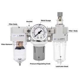 NANPU 1/4" NPT Air Filter, Regulator & Lubricator (FRL) Combo - Water/Oil Trap Separator - Pressure Gauge(0-150 psi), 5 Micron Brass Element, Semi-Auto Drain, Poly Bowl, Metal Bracket
