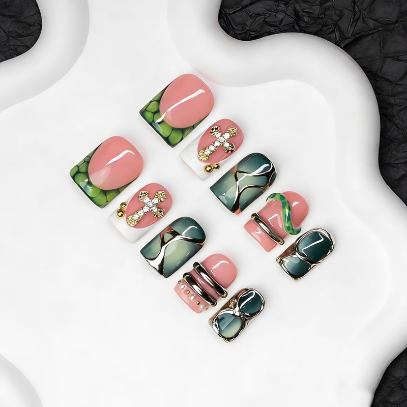 Handmade Square Press on Nails Green French Tip Short Stick