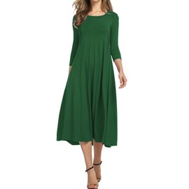 Hotouch Women's Elegant Tunic Dress, Round Neck, Casual Dresses, 3/4 Sleeves, A-Line Dress, Classic Midi Dress with Pockets, S-XXL, Green