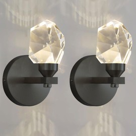 HAIXIANG Set of 2 Wall Sconces Black Modern Crystal Vanity Lighting for Bathroom Bedroom Living Room Entryway Wall Light Hallway Dining Room Lights Wall Mount Lighting Fixture with Warm Bubls