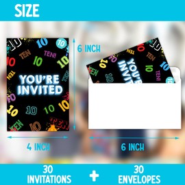 Doguiei 10th Birthday Party Invitations, Neon Ten Year Old Invitations Card for Boys Girls (30 Cards & 30 Envelopes)