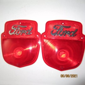 Ford 1953-60 Ford F-100 tail light lenses with chrome metal Ford script, new pair.